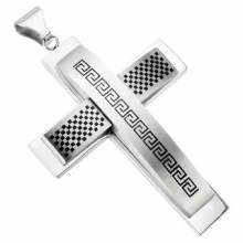 Pendentif homme acier croix � motif grec et damier