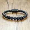 Bracelet homme cuir � perles de lave noires