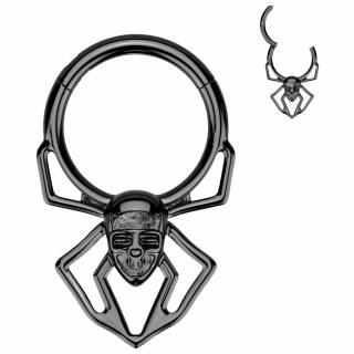 Anneau charni�re noir Araign�e Skull en acier haute pr�cision (oreille, septum...)