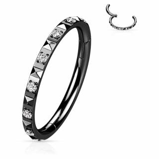 Anneau � charni�re noir � pyramides et zirconiums (acier haute pr�cision)