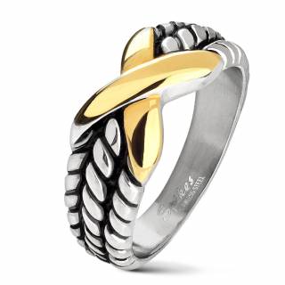 Bague acier aspect cordage � X dor� (mixte)