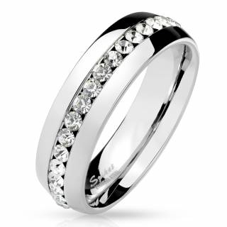 Bague de couple en acier � pourtour de pierres claires