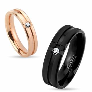 Bague de couple en titane rainur�e en croix avec pierre claire