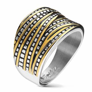 Bague � �cailles inox et bandes dor�es superpos�es (mixte)