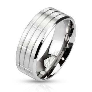 Bague homme acier � bandes et rainures crois�es