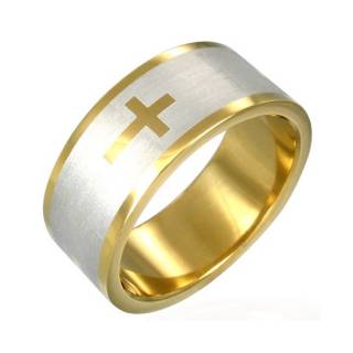 Bague homme acier � croix dor�e