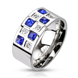 Bague homme acier � pierres bleues et claires altern�es
