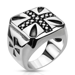 Bague homme acier � surface perl�e avec croix