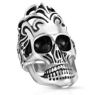 Bague homme acier � t�te de mort florale et petits cranes