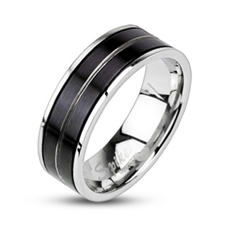 Bague homme acier avec bandeau noir matte � rainure grise