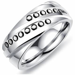 Bague homme acier � bandes de zirconiums noirs diagonales