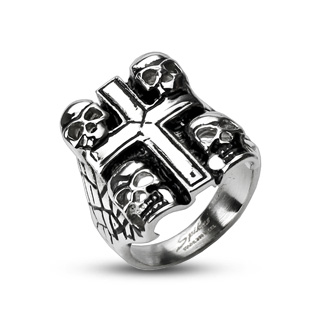 Bague homme acier croix et t�tes de mort