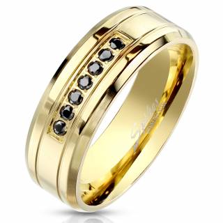 Bague homme acier dor� � sillons et pierres noires