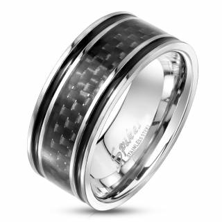 Bague homme acier et bande fibre de carbonne � lignes noires