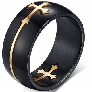 Bague homme acier noir avec croix dor�es