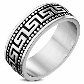 Bague homme acier perl�e � frise grec