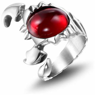 Bague homme acier Scorpion sculpt� � pierre rouge