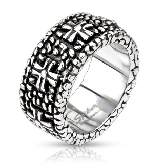 Bague homme acier style ruine � croix en relief
