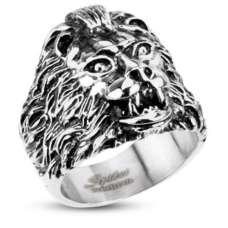 Bague homme acier t�te de lion � large crini�re