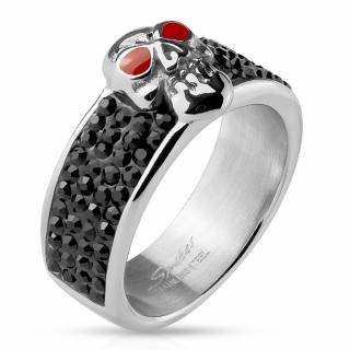 Bague homme acier t�te de Mort aux yeux rouges