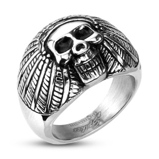Bague homme acier t�te de mort chef apache