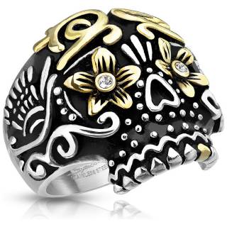 Bague homme acier crane de sucre � yeux en fleurs