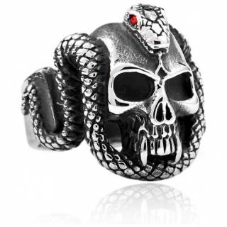Bague homme acier t�te de mort � serpent aux yeux rouges