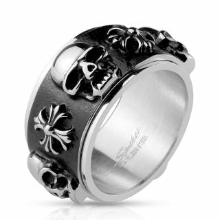 Bague homme acier t�tes de mort et croix fleurdelis�es