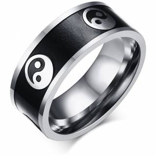 Bague homme acier Yin et Yang � bande noircie matte