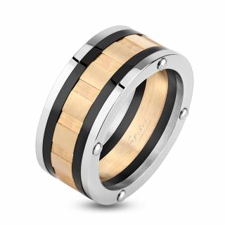 Bague homme � bandes 3 tons en acier avec centre crant� et rivets