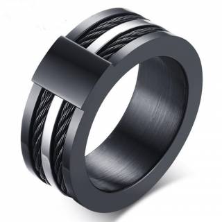 Bague homme bicolore en acier � filins et petite plaque