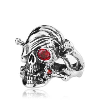 Bague homme biker en acier � crane pirate � l'oeil rouge