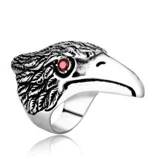 Bague homme biker en acier � t�te d'aigle aux yeux rouges
