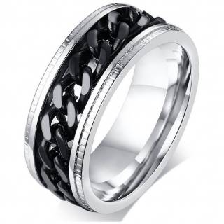 Bague homme en acier � chaine noire et bords crant�s