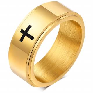 Bague homme dor�e en acier � croix sur bandeau tournant
