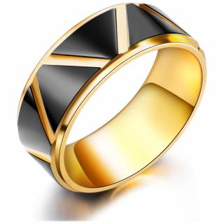 Bague homme dor�e en acier � triangles noirs