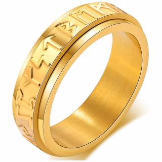 Bague homme dor�e � runes vikings en acier (bandeau tournant) "RUNES AUREUS"
