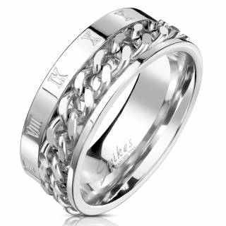 Bague homme en acier � chiffres romains et chaine