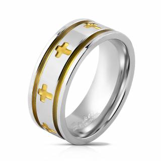 Bague homme en acier � croix et lignes dor�es