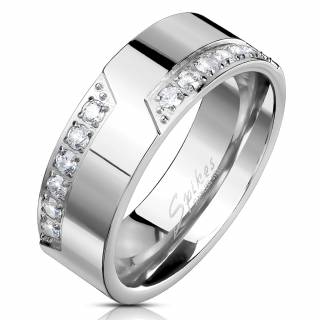 Bague homme en acier � duo de bandes pav�es de pierres