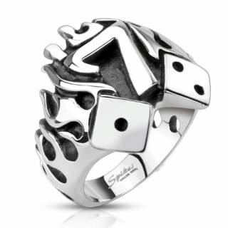Bague homme en acier � flammes, d�s et num�ro sept