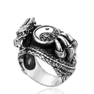 Bague homme en acier � t�te de dragon et symbole Yin et Yang