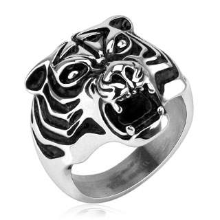 Bague homme en acier � t�te de tigre noircie