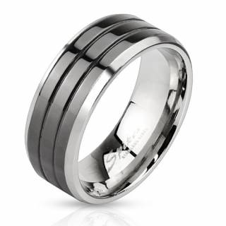 Bague homme en acier � triple bandeau noir laqu�