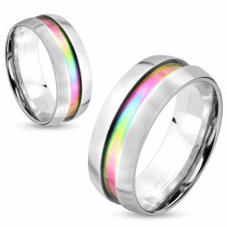 Bague homme en acier argent� avec rainure arc en ciel