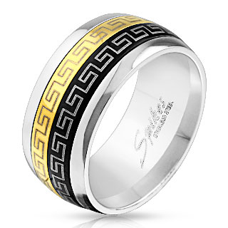 Bague homme en acier avec bande anti-stresse � motif labyrinthe