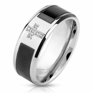 Bague homme en acier avec bande noire scind�e par une croix