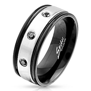 Bague homme en acier avec bandeau � pierres noires