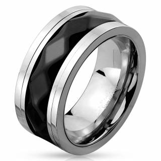 Bague homme en acier avec bandeau anti-stress noir facett�