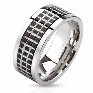 Bague homme en acier avec mosa�c de carreaux noirs